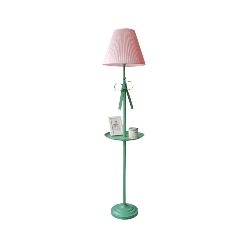 Kids Iron Single Green Floor Lamp with Pleated Beige/Pink Shade - Ribbon Floor Standing Light