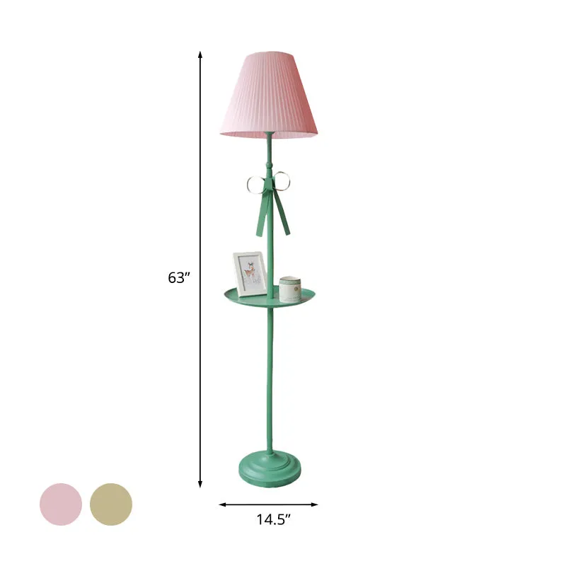 Kids Iron Single Green Floor Lamp with Pleated Beige/Pink Shade - Ribbon Floor Standing Light