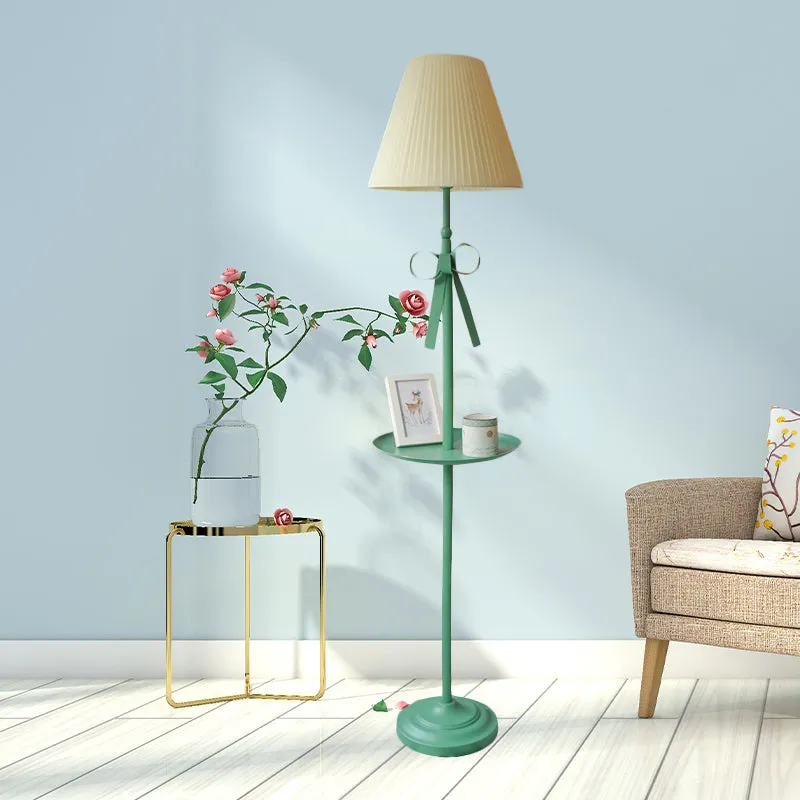 Kids Iron Single Green Floor Lamp with Pleated Beige/Pink Shade - Ribbon Floor Standing Light