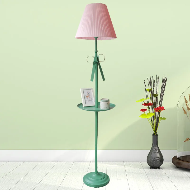 Kids Iron Single Green Floor Lamp with Pleated Beige/Pink Shade - Ribbon Floor Standing Light