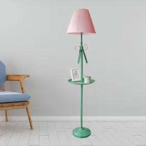 Kids Iron Single Green Floor Lamp with Pleated Beige/Pink Shade - Ribbon Floor Standing Light