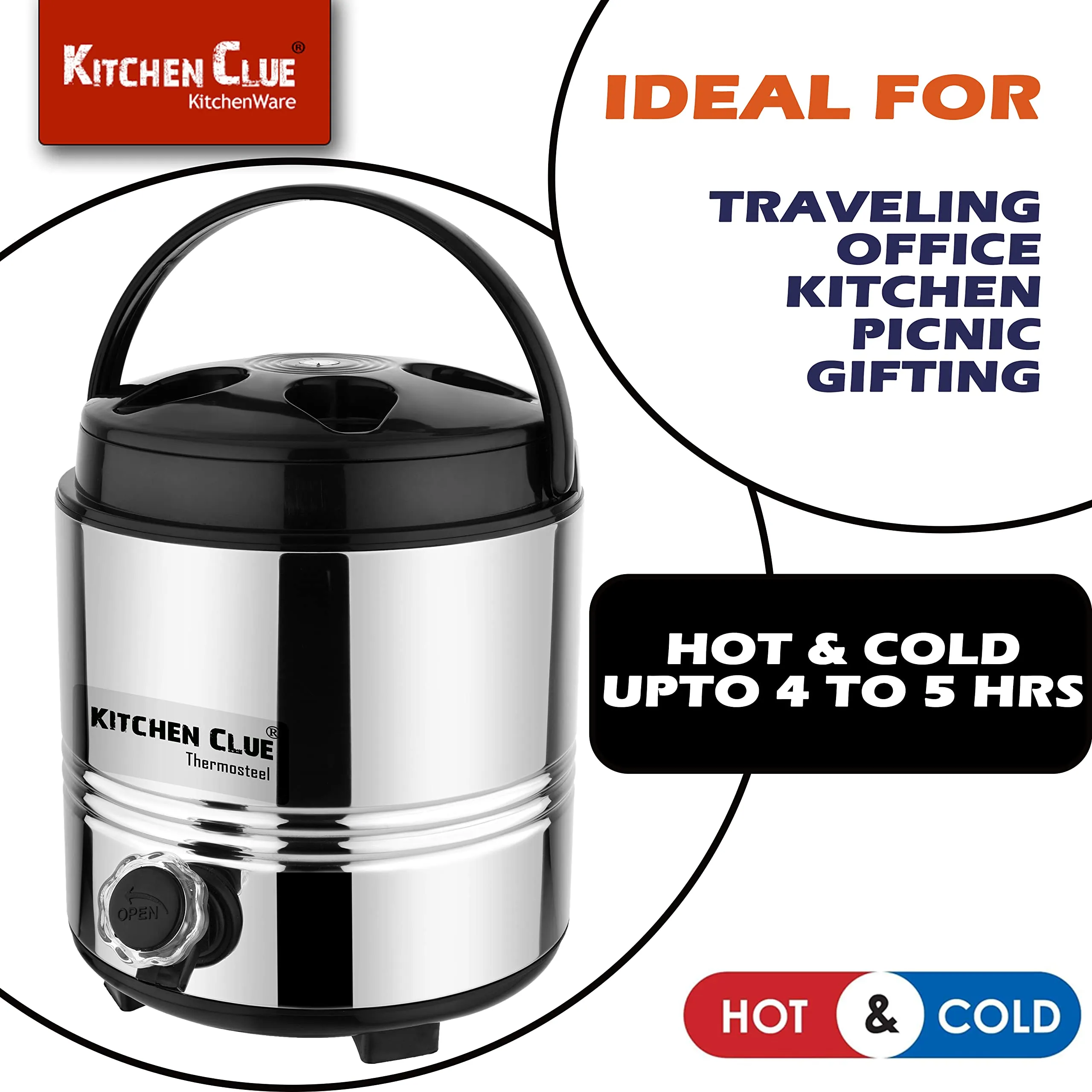 KITCHEN CLUE® Stainless Steel Travel Water Jug, Insulated Thermosteel 6 liters, Silver Black I Double Wall I Carafe with Stylish tap and Easy to Carry Handle