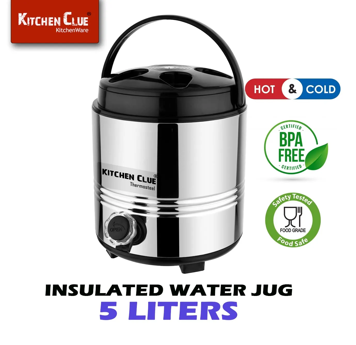 KITCHEN CLUE® Stainless Steel Travel Water Jug, Insulated Thermosteel 6 liters, Silver Black I Double Wall I Carafe with Stylish tap and Easy to Carry Handle