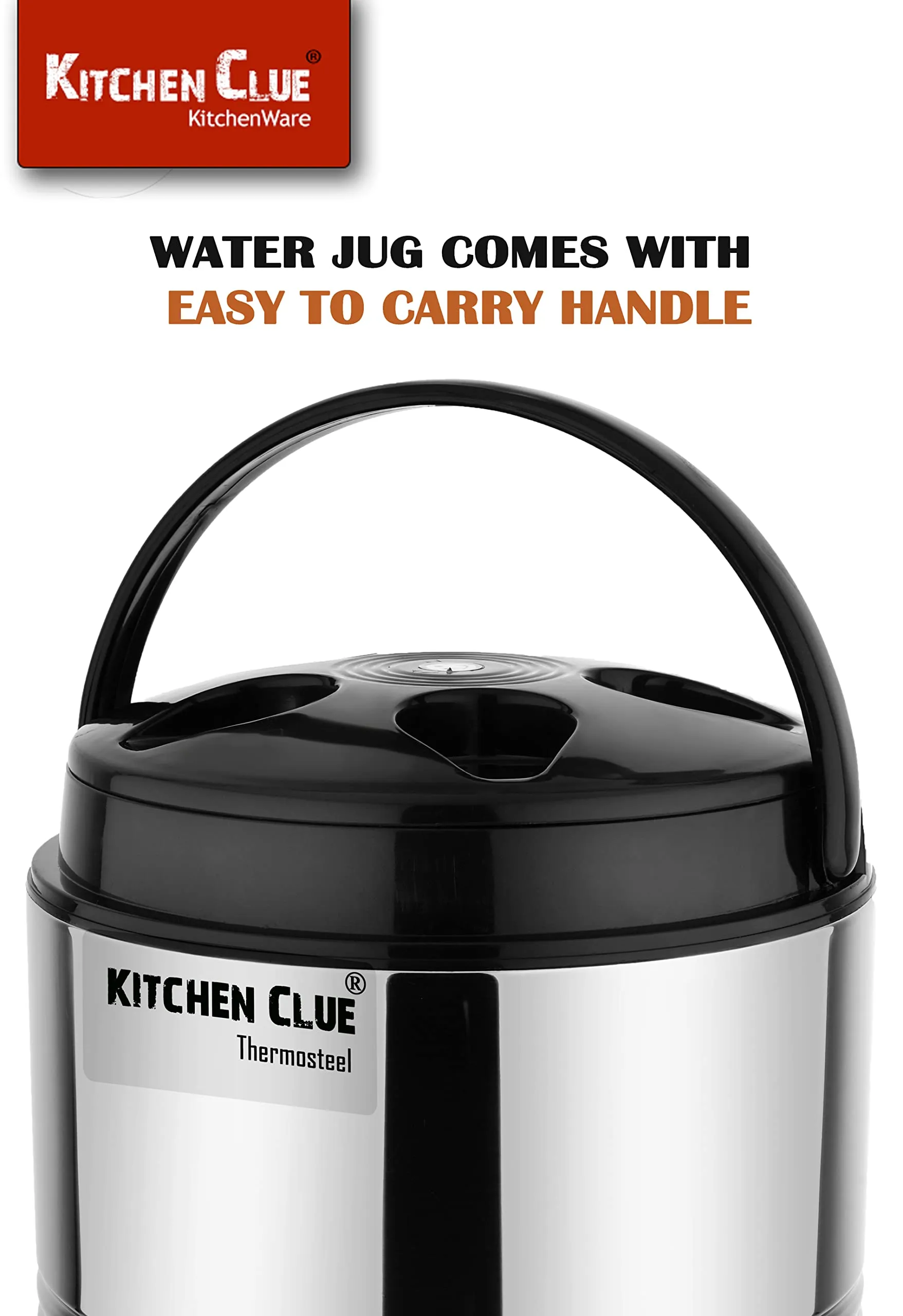 KITCHEN CLUE® Stainless Steel Travel Water Jug, Insulated Thermosteel 6 liters, Silver Black I Double Wall I Carafe with Stylish tap and Easy to Carry Handle