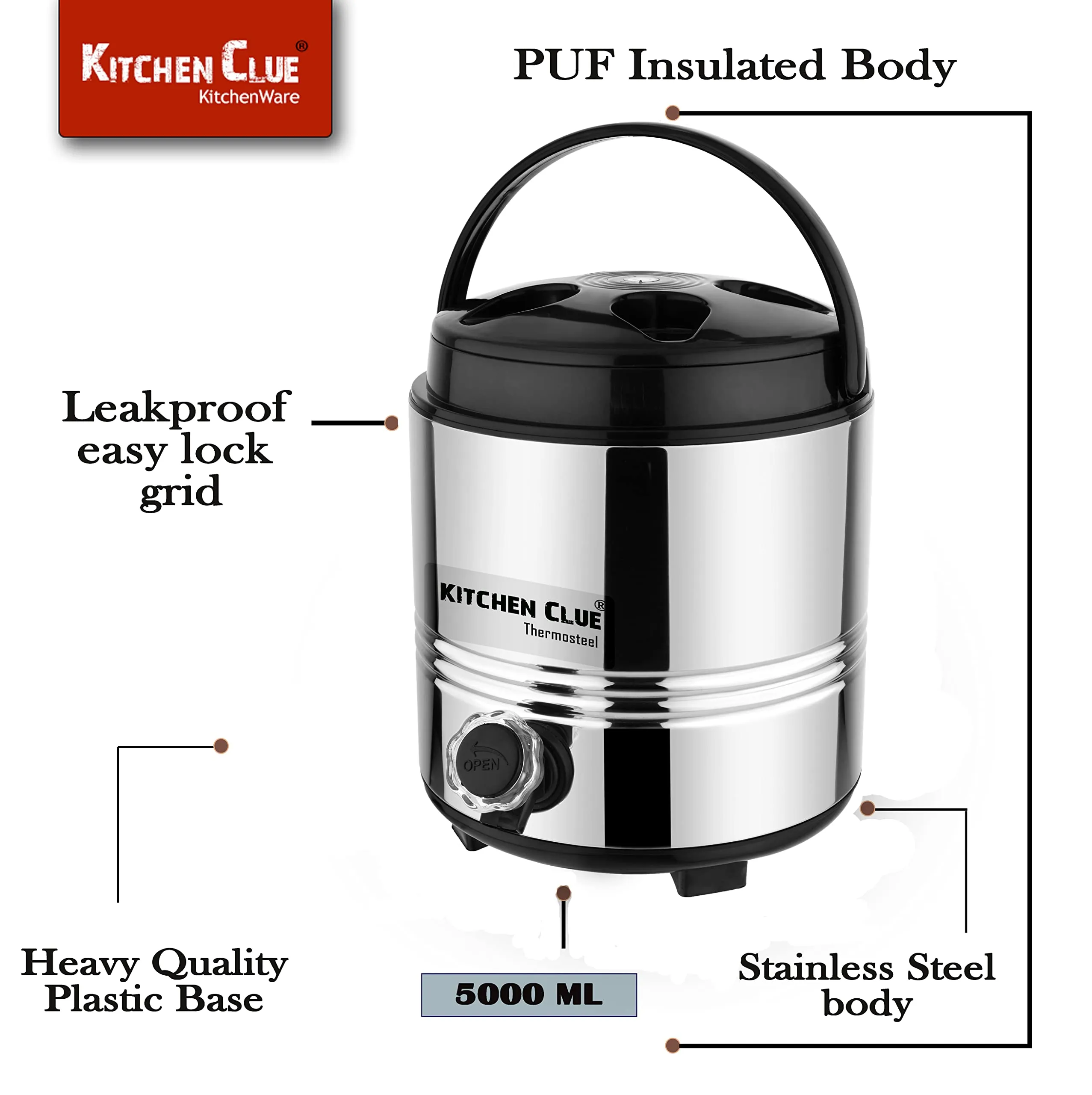 KITCHEN CLUE® Stainless Steel Travel Water Jug, Insulated Thermosteel 6 liters, Silver Black I Double Wall I Carafe with Stylish tap and Easy to Carry Handle