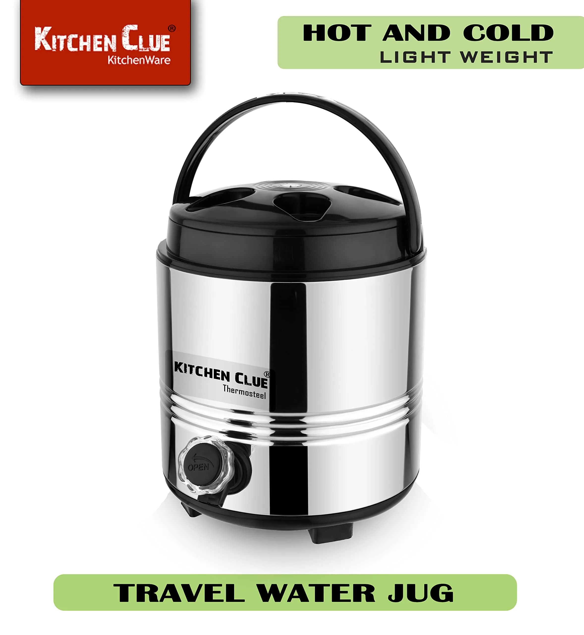 KITCHEN CLUE® Stainless Steel Travel Water Jug, Insulated Thermosteel 6 liters, Silver Black I Double Wall I Carafe with Stylish tap and Easy to Carry Handle