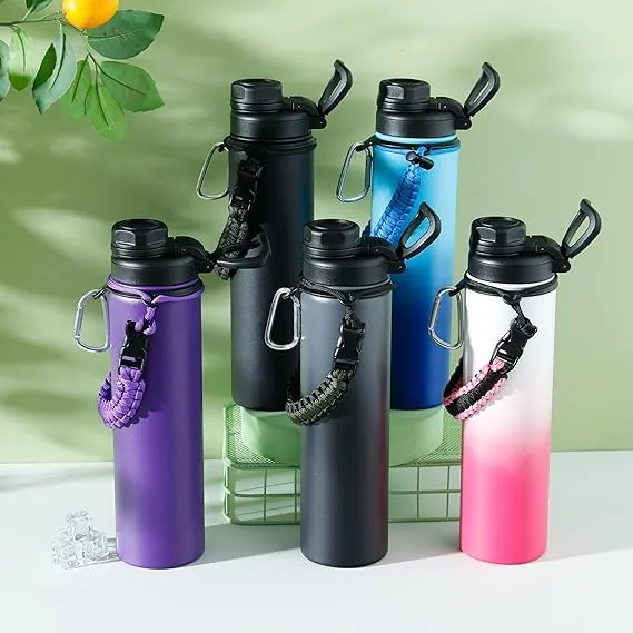 Kuber Industries Water Bottle | Steel Water Bottle for Daily Use | Vacuum Insulated Flask Water Bottle with Rope | Hot & Cold Water Bottle | 720 ML | LX-230601 | Pack of 6 | Black