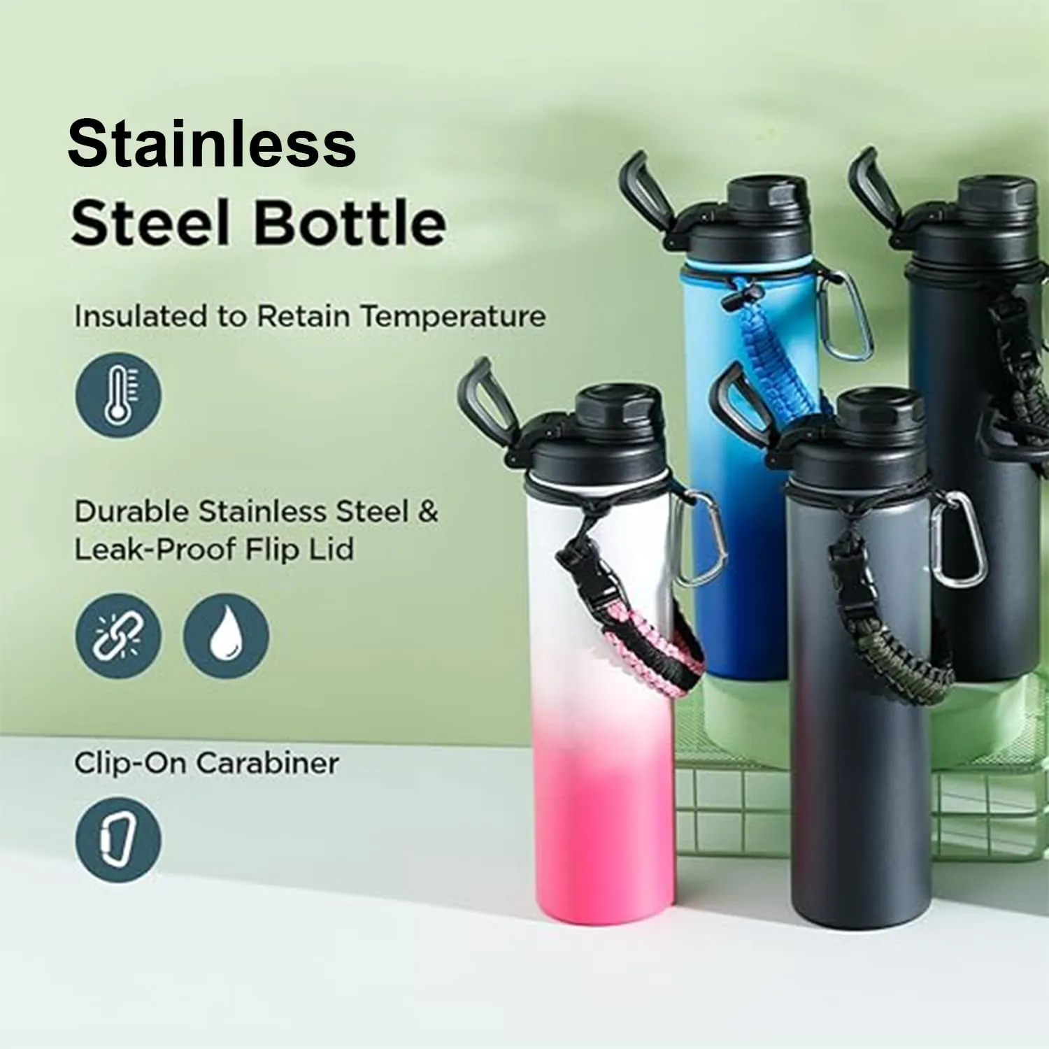 Kuber Industries Water Bottle | Steel Water Bottle for Daily Use | Vacuum Insulated Flask Water Bottle with Rope | Hot & Cold Water Bottle | 720 ML | LX-230601 | Pack of 6 | Black