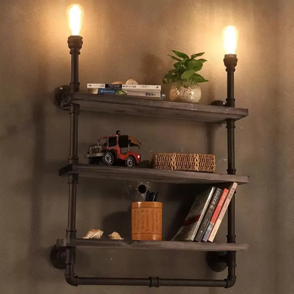 Loft Style 3-Tier Pipe Shelf Wall Lamp with Black Iron Finish and 2 Lights