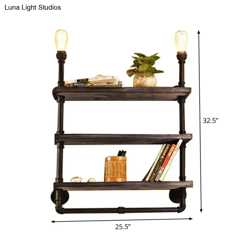 Loft Style 3-Tier Pipe Shelf Wall Lamp with Black Iron Finish and 2 Lights