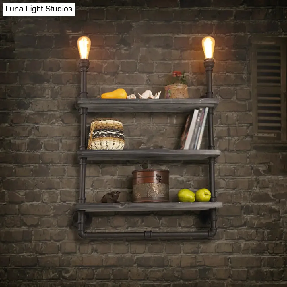 Loft Style 3-Tier Pipe Shelf Wall Lamp with Black Iron Finish and 2 Lights