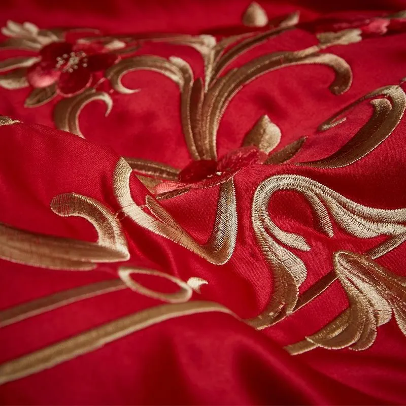 Luxury Red 100% Cotton Oriental Style Embroidery Wedding Bedding Sets