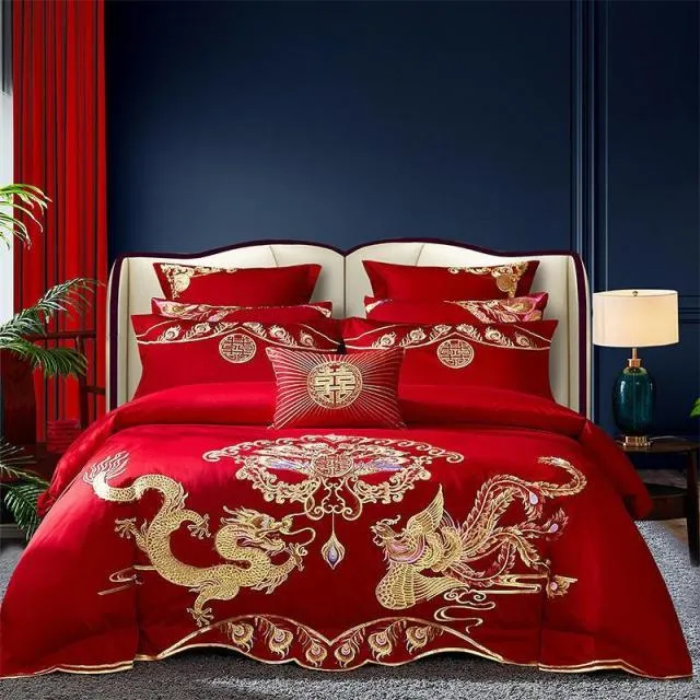 Luxury Red 100% Cotton Oriental Style Embroidery Wedding Bedding Sets