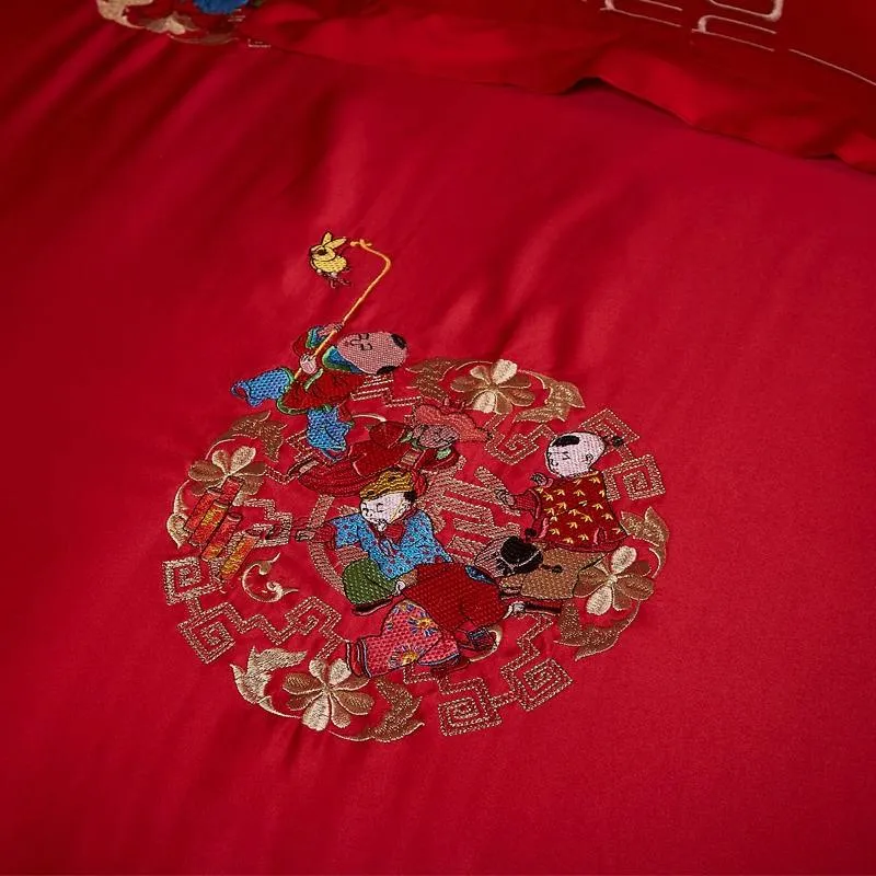 Luxury Red 100% Cotton Oriental Style Embroidery Wedding Bedding Sets