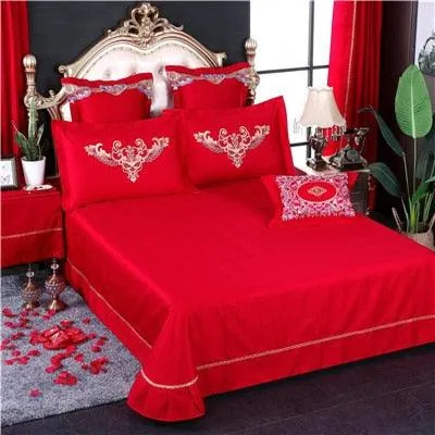 Luxury Red 100% Cotton Oriental Style Embroidery Wedding Bedding Sets