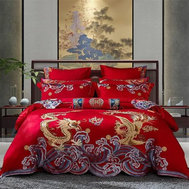 Luxury Red 100% Cotton Oriental Style Embroidery Wedding Bedding Sets