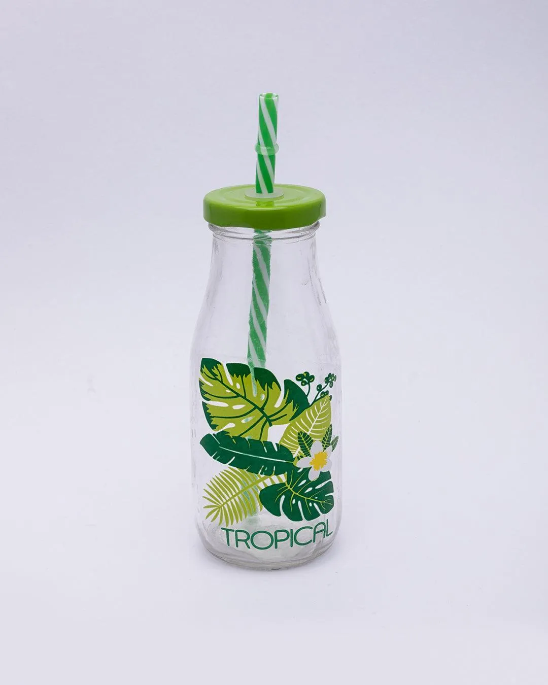 Mason Glass Sipper, Mason Jar, with Straw, Leaf Design, Green, Glass, Set Of 4, 300 mL