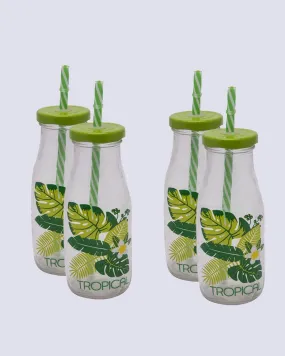 Mason Glass Sipper, Mason Jar, with Straw, Leaf Design, Green, Glass, Set Of 4, 300 mL