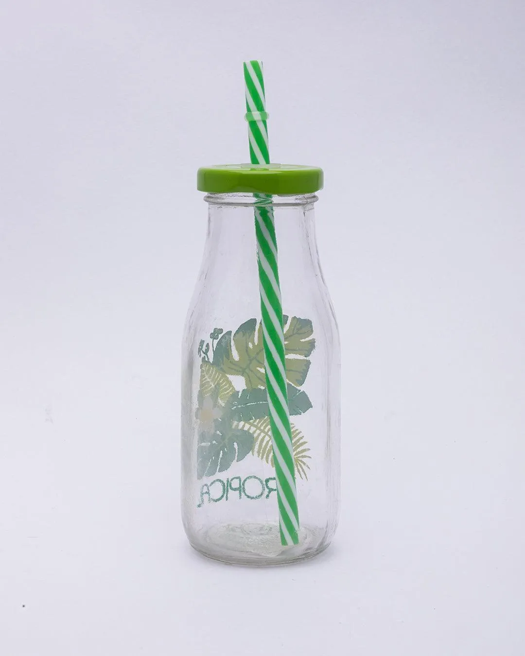 Mason Glass Sipper, Mason Jar, with Straw, Leaf Design, Green, Glass, Set Of 4, 300 mL