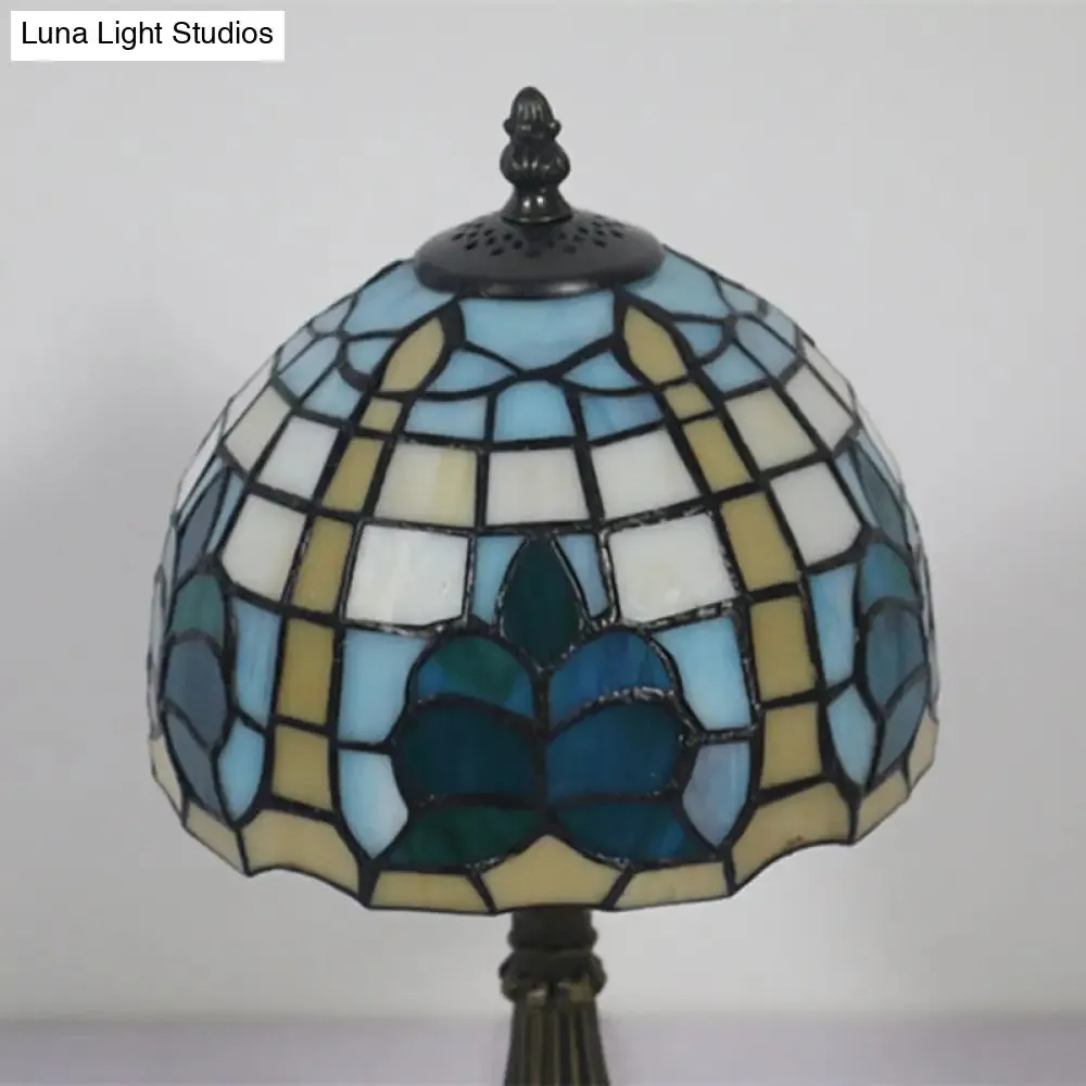 Mediterranean Blue Bedside Nightstand Lamp with Stained Glass Shade - 1 Light