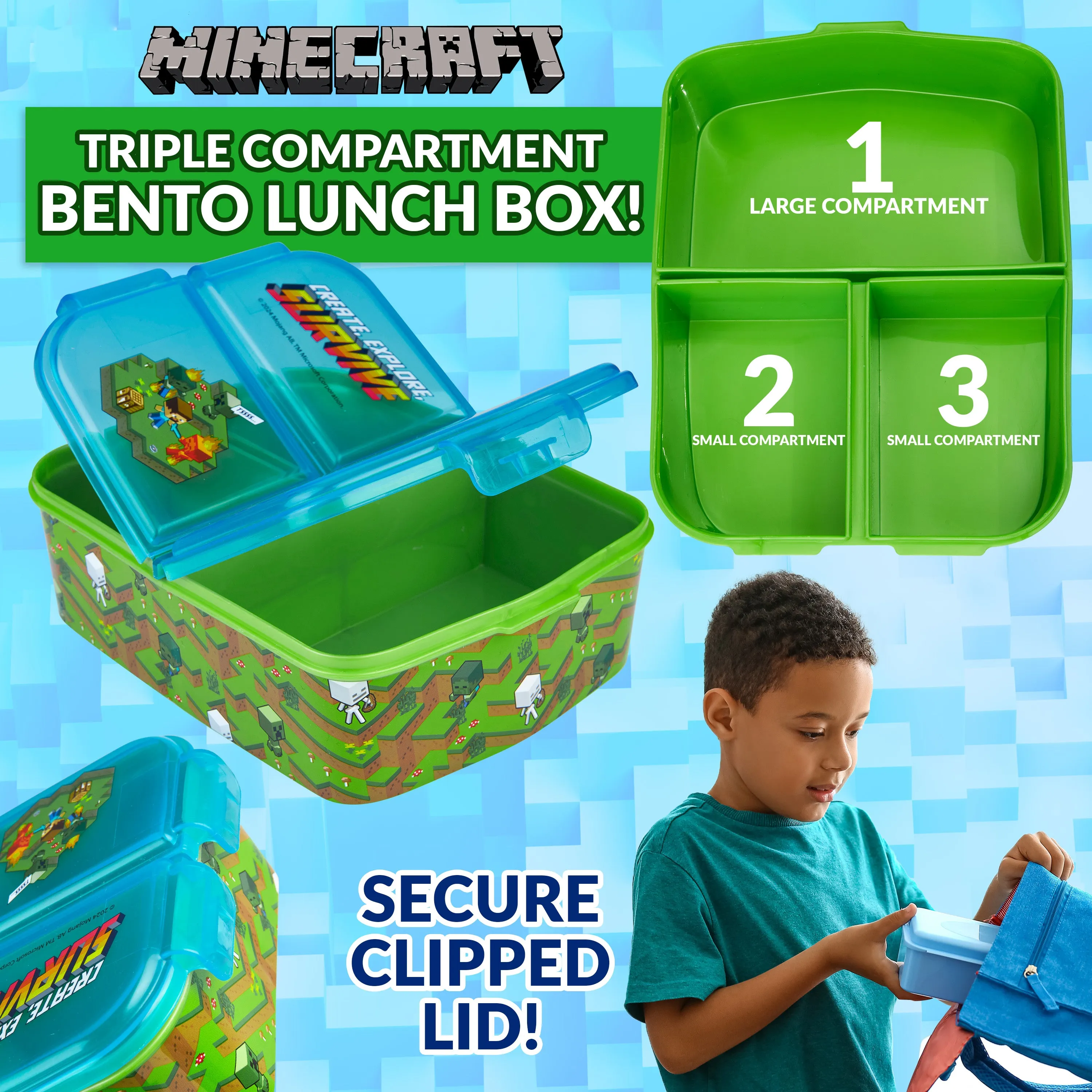 Minecraft Kids Lunchbox with Compartments & Water Bottle for School or Days Out