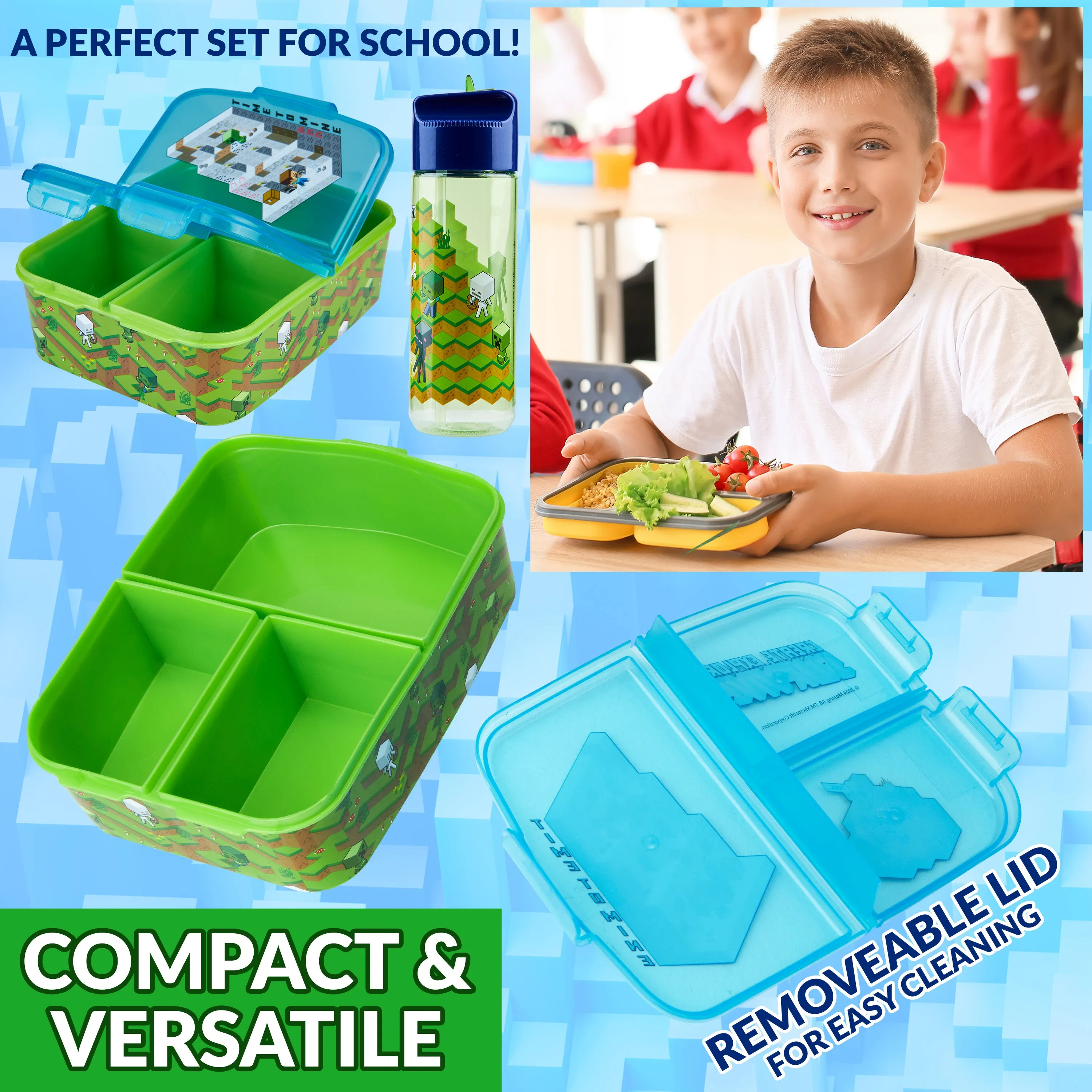 Minecraft Kids Lunchbox with Compartments & Water Bottle for School or Days Out