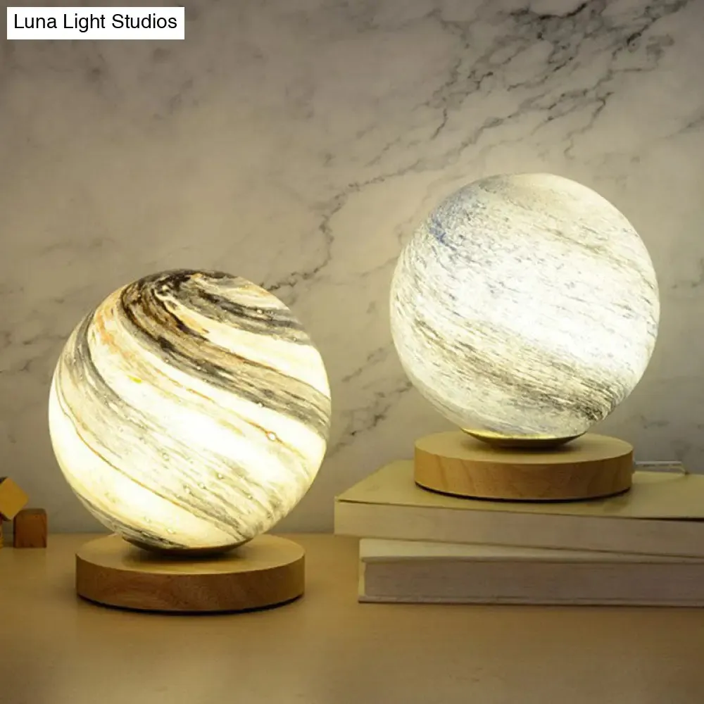 Mini Glass Planet Night Light with Wooden Base - Post-Modern Table Lamp