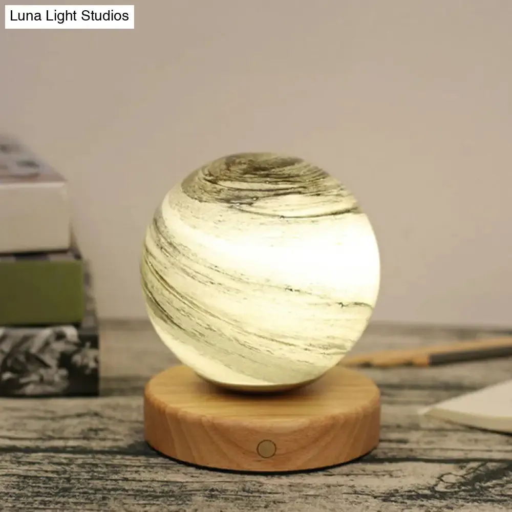 Mini Glass Planet Night Light with Wooden Base - Post-Modern Table Lamp