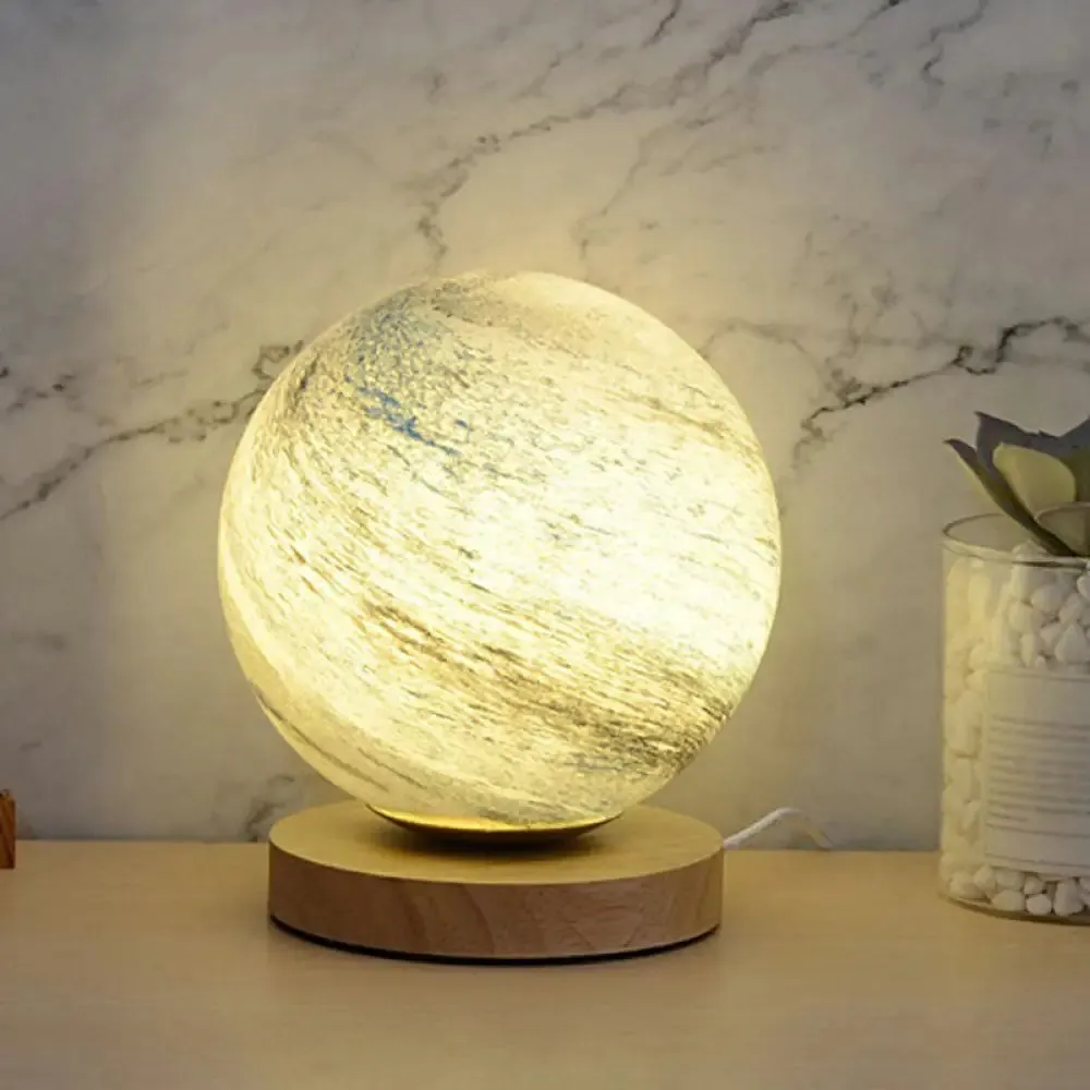 Mini Glass Planet Night Light with Wooden Base - Post-Modern Table Lamp