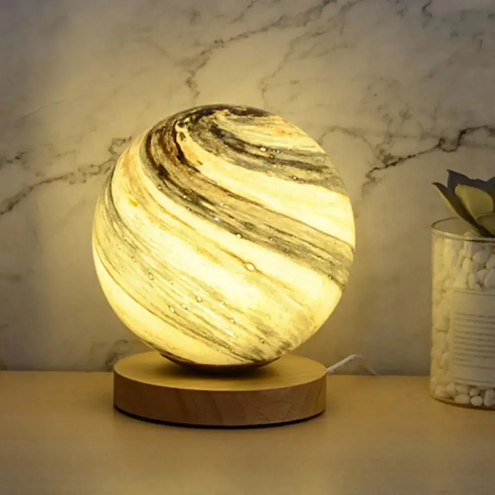 Mini Glass Planet Night Light with Wooden Base - Post-Modern Table Lamp