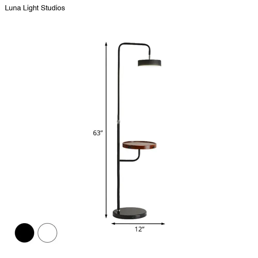 Minimalist LED Round Metal Floor Table Lamp with Angled Arm - White/Black, Ideal for Bedroom Lighting