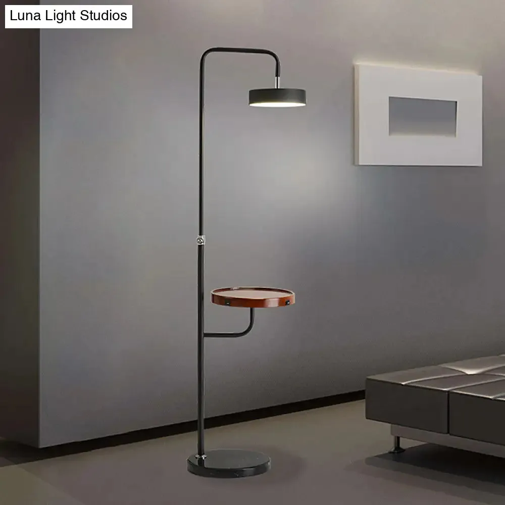 Minimalist LED Round Metal Floor Table Lamp with Angled Arm - White/Black, Ideal for Bedroom Lighting