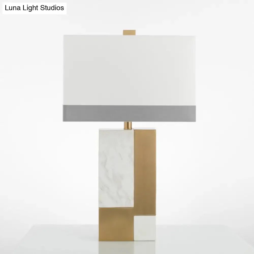 Minimalist Marble Nightstand Lamp: Rectangle Design, Grey/White with Brass Colorblock, Fabric Shade, 1 Bulb