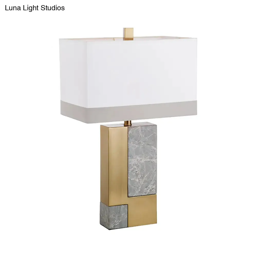 Minimalist Marble Nightstand Lamp: Rectangle Design, Grey/White with Brass Colorblock, Fabric Shade, 1 Bulb