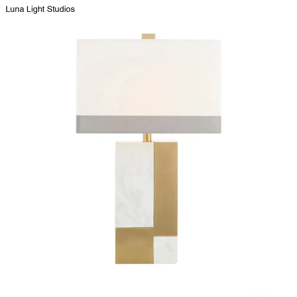 Minimalist Marble Nightstand Lamp: Rectangle Design, Grey/White with Brass Colorblock, Fabric Shade, 1 Bulb