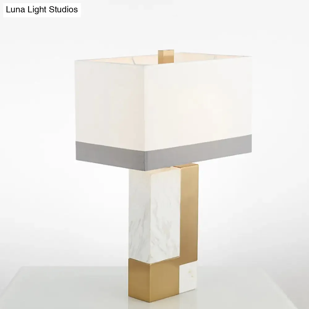 Minimalist Marble Nightstand Lamp: Rectangle Design, Grey/White with Brass Colorblock, Fabric Shade, 1 Bulb