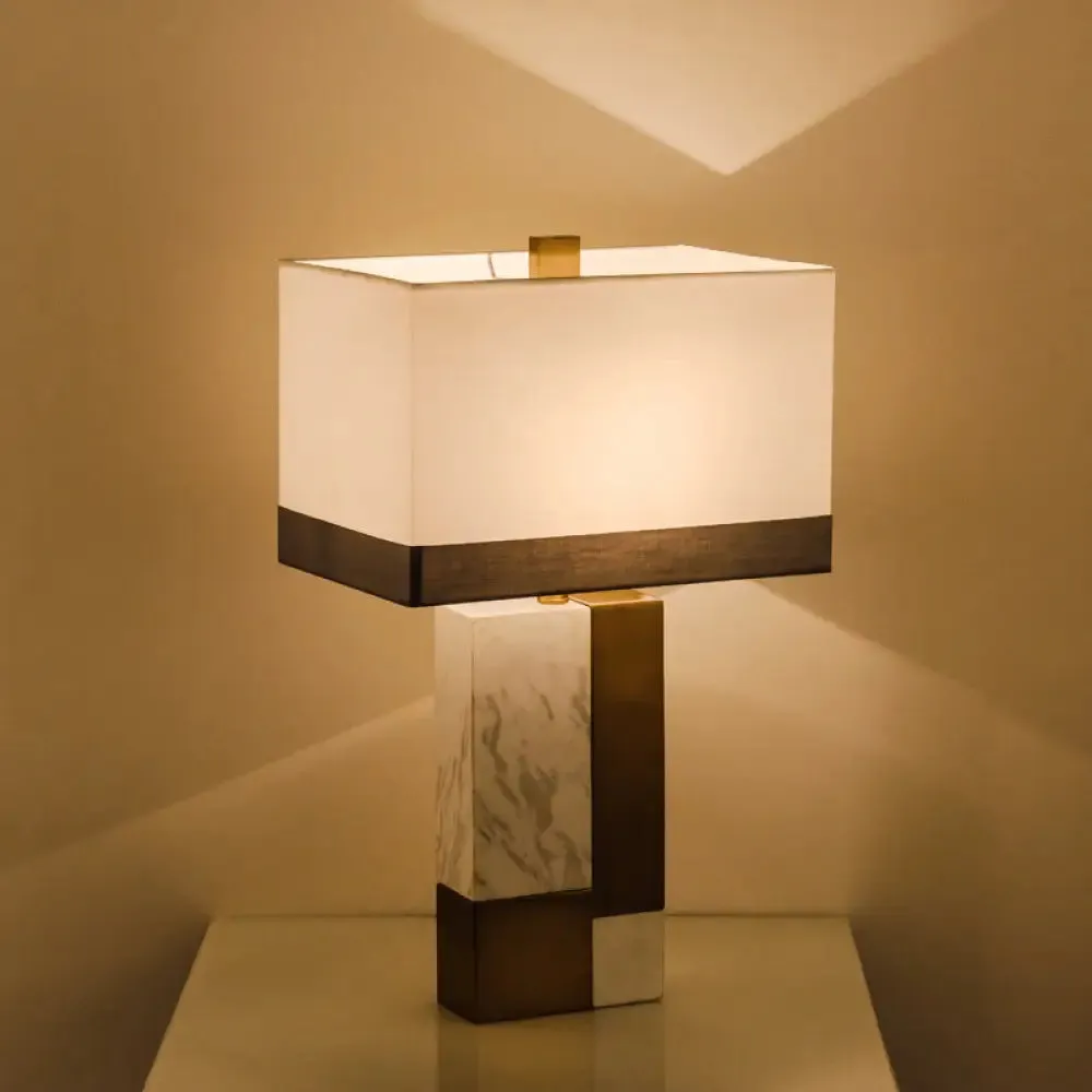 Minimalist Marble Nightstand Lamp: Rectangle Design, Grey/White with Brass Colorblock, Fabric Shade, 1 Bulb