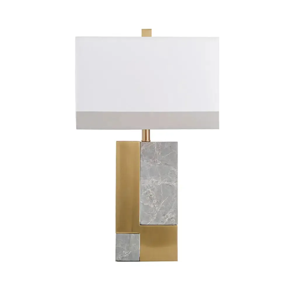 Minimalist Marble Nightstand Lamp: Rectangle Design, Grey/White with Brass Colorblock, Fabric Shade, 1 Bulb