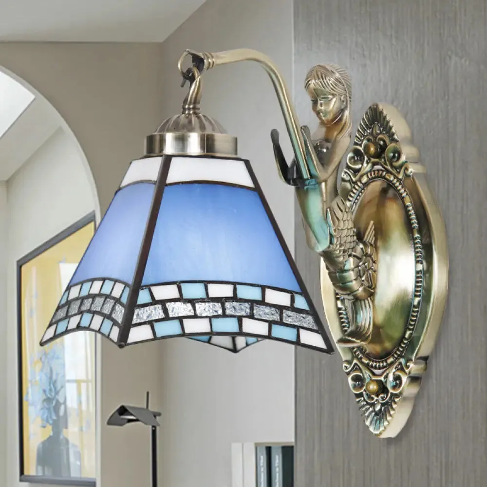 Mission Blue Cut Glass Trapezoid Wall Light with Mermaid Arm - Bronze Wall Mount Fixture