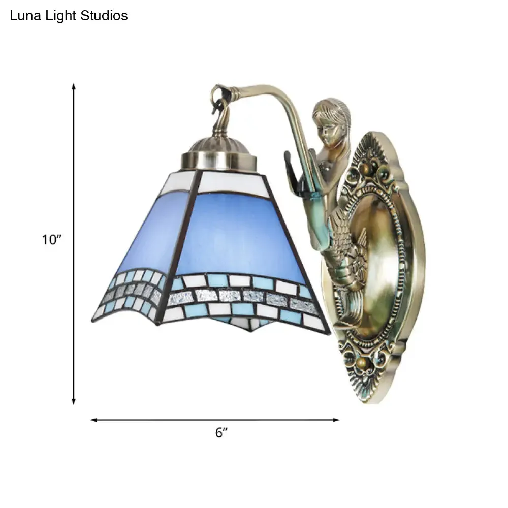 Mission Blue Cut Glass Trapezoid Wall Light with Mermaid Arm - Bronze Wall Mount Fixture