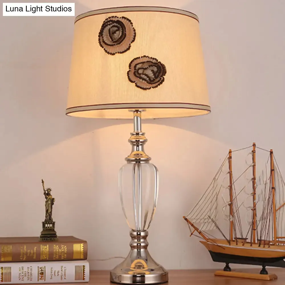 Modern Beige Night Table Lamp with Barrel Fabric Shade - 1 Head Bedroom Desk Light