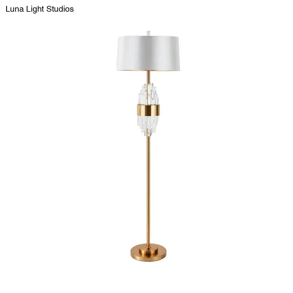 Modern Brass Finish Floor Lamp with Barrel Shade and Metal Base