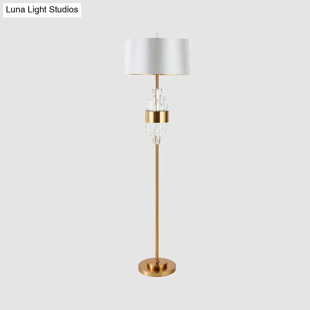 Modern Brass Finish Floor Lamp with Barrel Shade and Metal Base