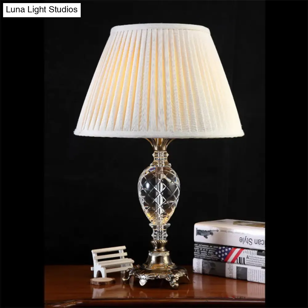 Modern Cream Gray Pleated Table Lamp with Bronze Carved Metal Base, Fabric Shade, 1 Bulb