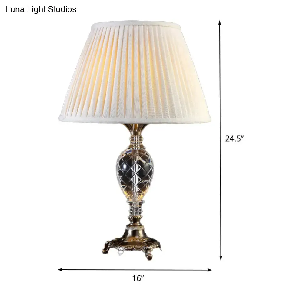 Modern Cream Gray Pleated Table Lamp with Bronze Carved Metal Base, Fabric Shade, 1 Bulb