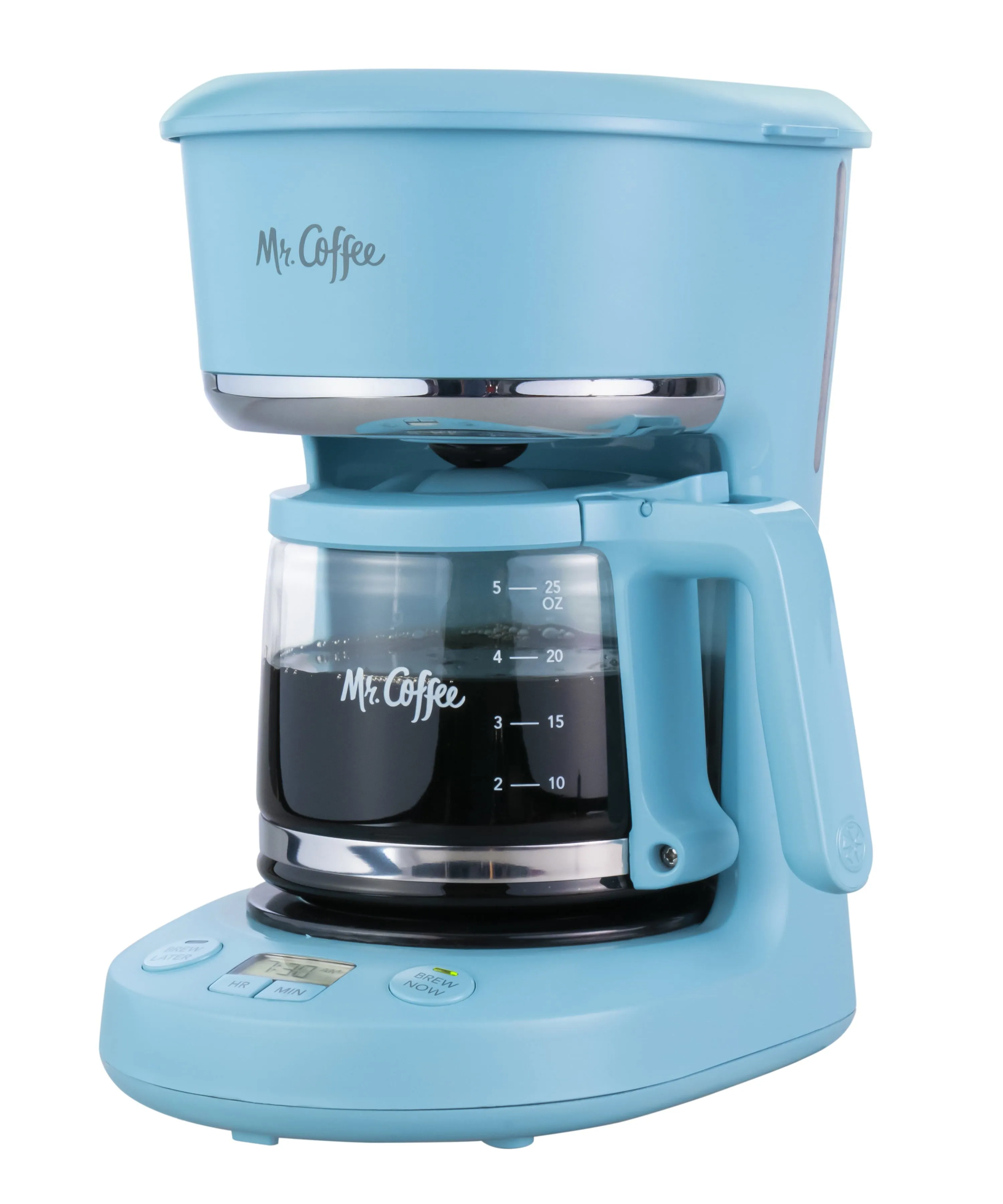 Mr. Coffee 5-Cup Programmable Coffee Maker, 25 oz. Mini Brew, Brew Now or Later, Arctic & Chrome