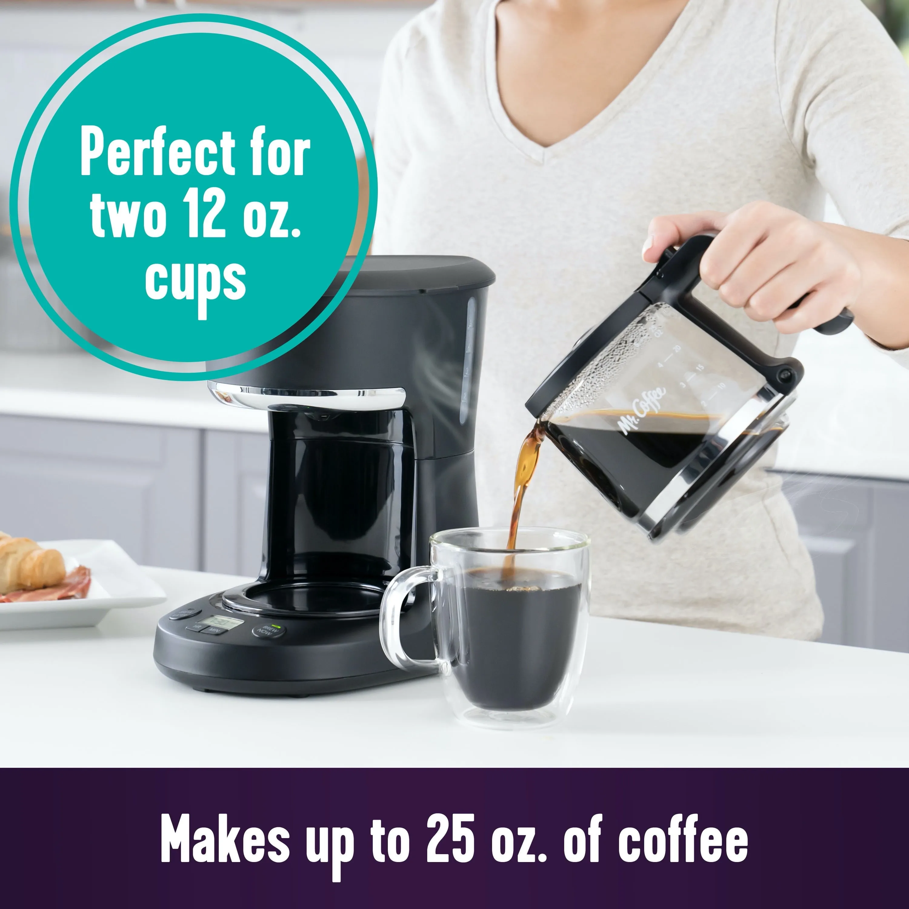 Mr. Coffee 5-Cup Programmable Coffee Maker, 25 oz. Mini Brew, Brew Now or Later, Arctic & Chrome