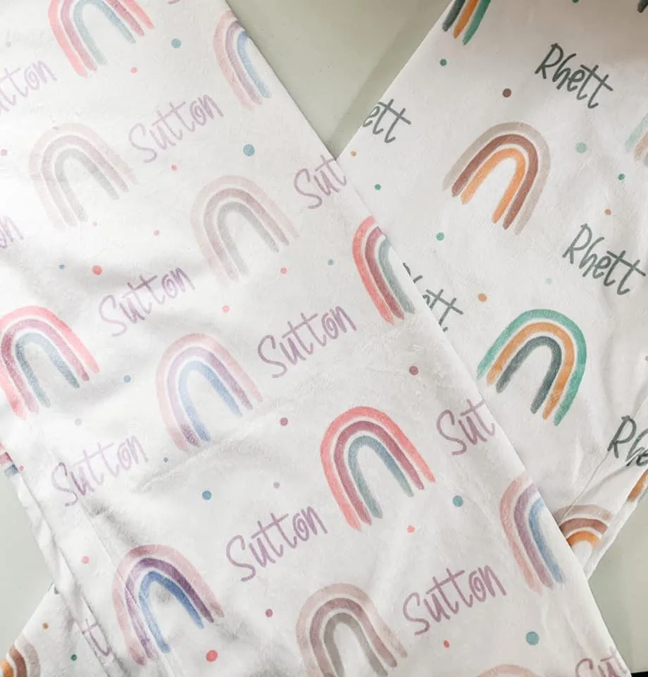 Neutral Rainbow Print (Mustard/Teal) Personalized Minky Blanket (Smooth Minky)