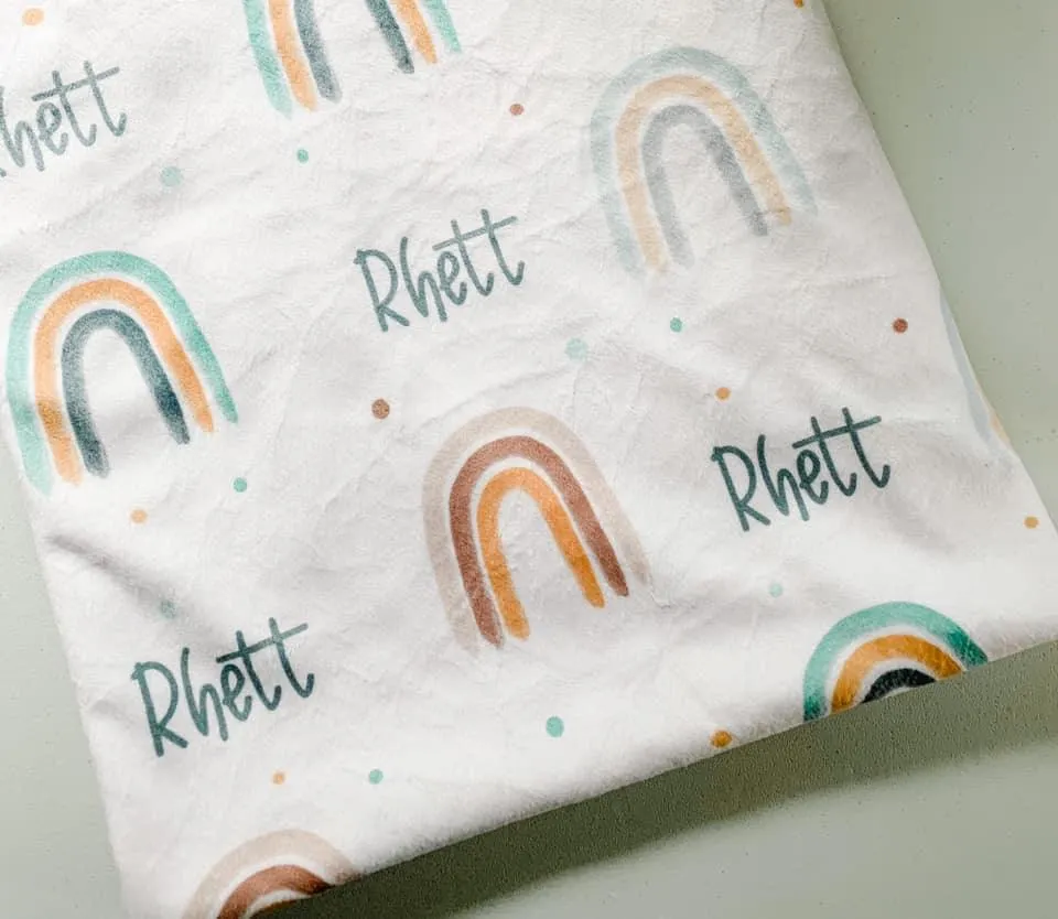 Neutral Rainbow Print (Mustard/Teal) Personalized Minky Blanket (Smooth Minky)