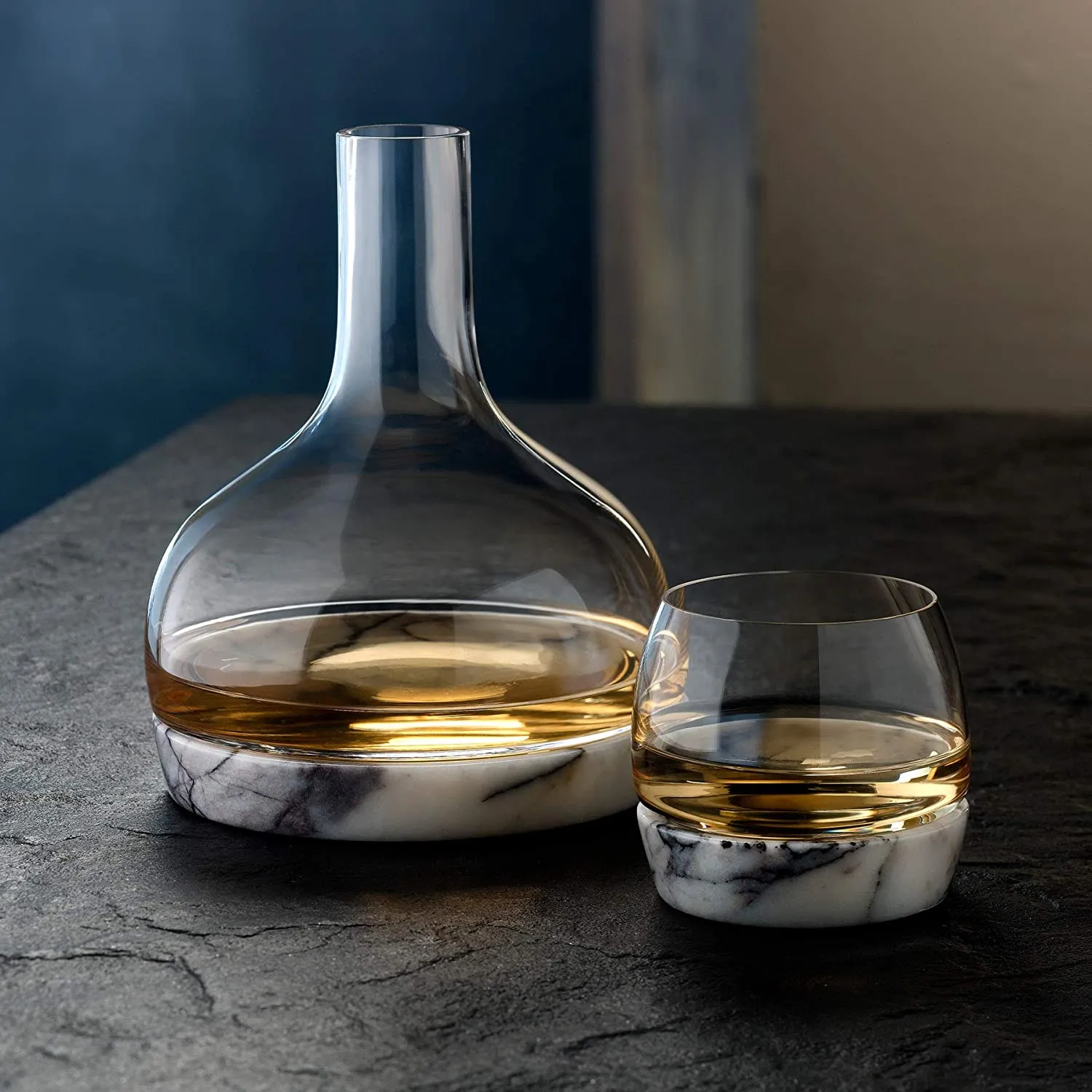 NUDE Glass Chill Carafe Decanter with Marble Base Whiskey/Wine Decanter Lead-Free Crystal